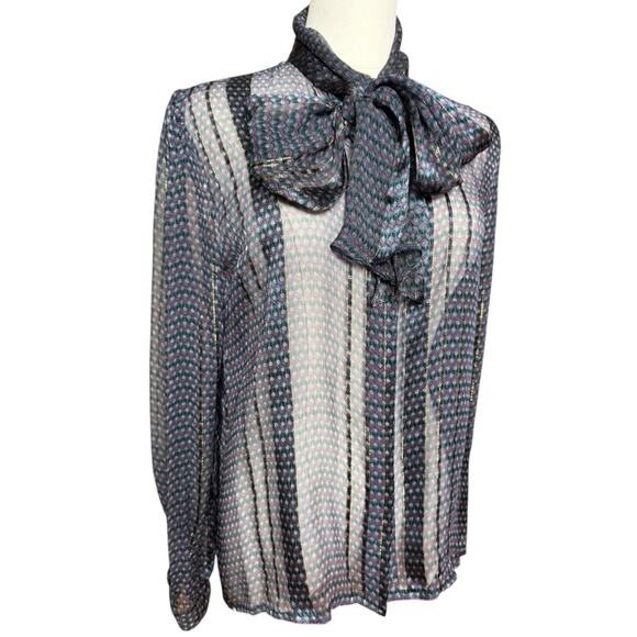 Vintage 70s The Silk Farm Paper Thin Sheer Metallic Silk Chiffon Blouse Size 10 - Picture 6 of 13